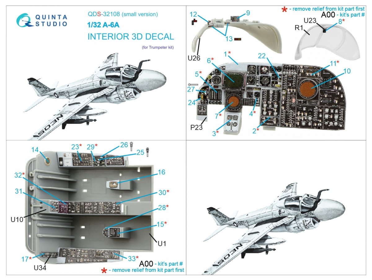 Quinta Studio QDS-32108 A-6A Intruder 3D-Printed &amp;amp; coloured Interior on decal paper (Trumpeter) (Small version) 1/32 – immagine 2