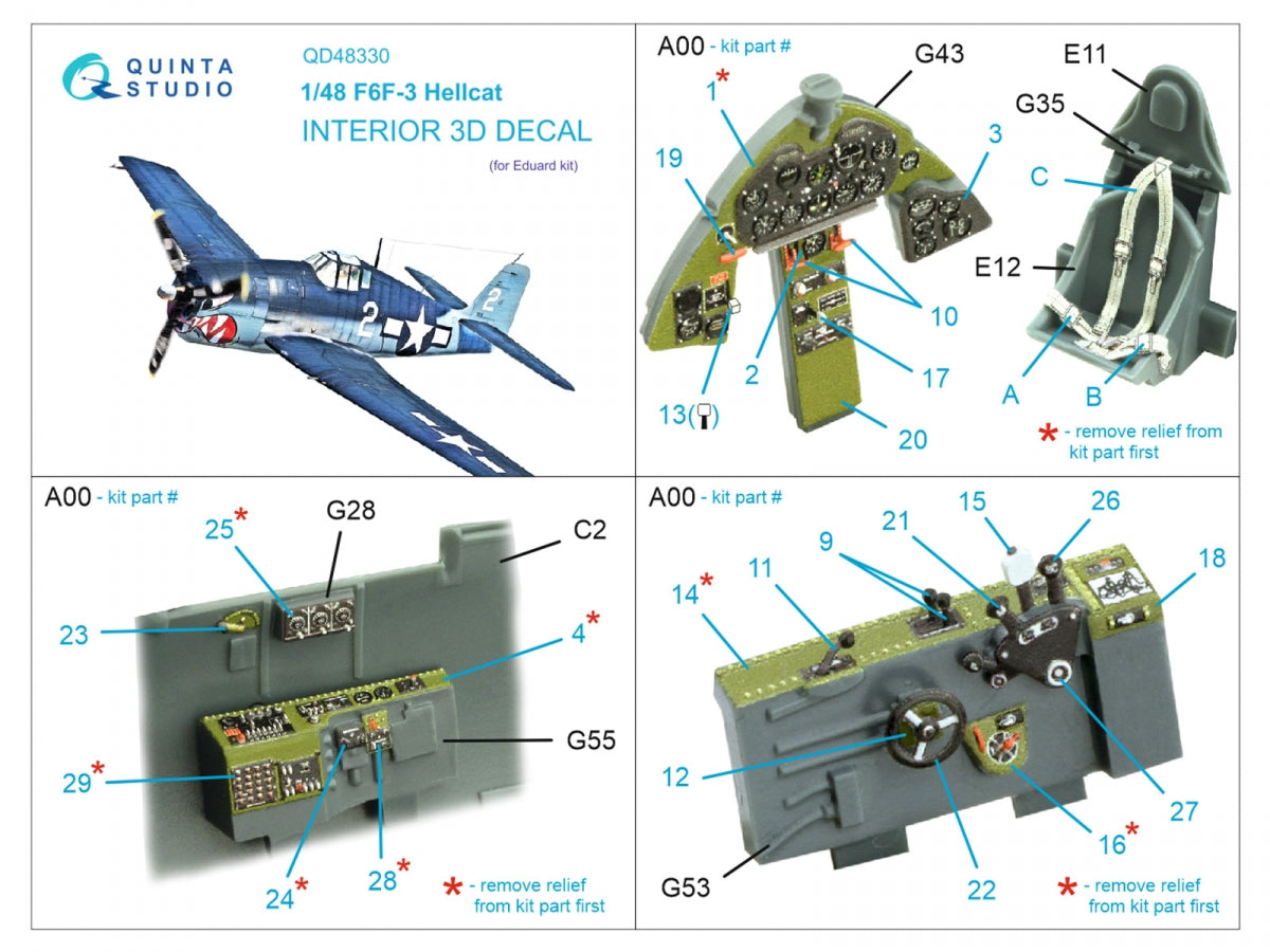 Quinta Studio QD48330 F6F-3 Hellcat 3D-Printed &amp;amp; coloured Interior on decal paper (Eduard) 1/48 – Bild 2