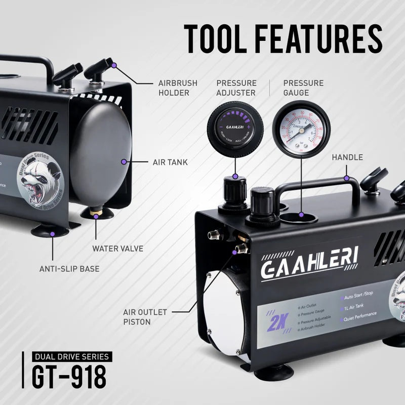 Gaahleri 43127 Dual Drive Series Airbrush Kit Compressor GT-918 – Bild 8