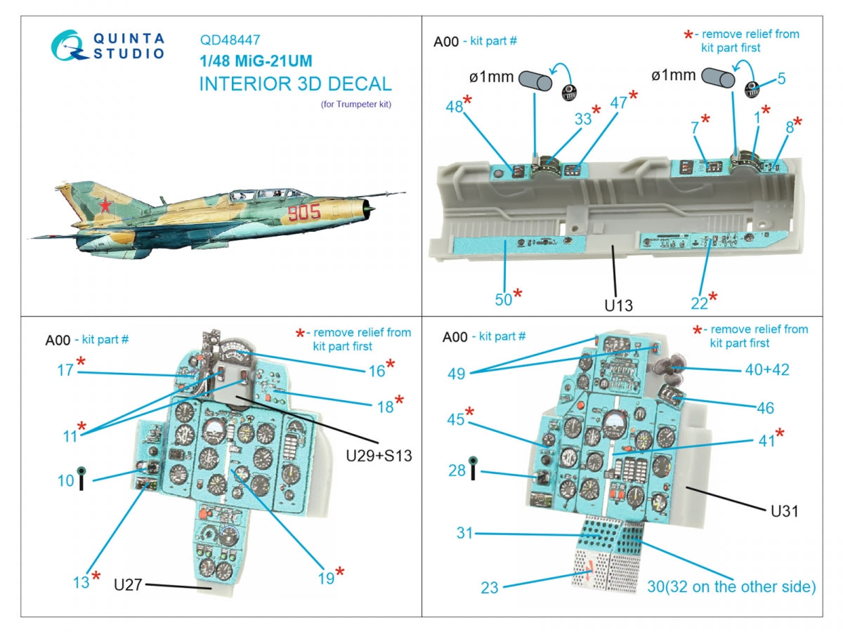 Intérieur coloré imprimé en 3D sur papier décalcomanie Quinta Studio QD48447 MiG-21UM (Trumpeter) 1/48  – image 8