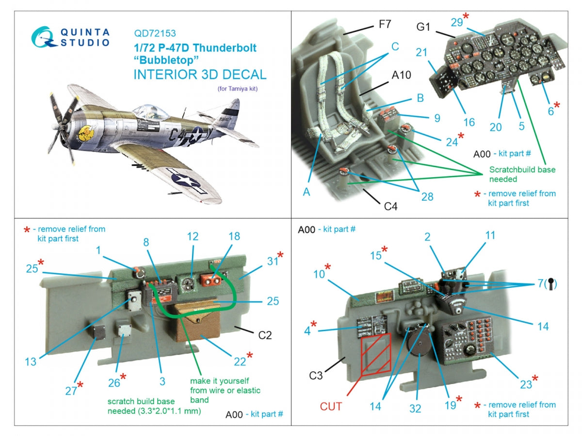 Quinta Studio QD72153 P-47D Thunderbolt Bubbletop 3D-Printed coloured Interior on decal paper (Tamiya) 1/72 – Bild 2