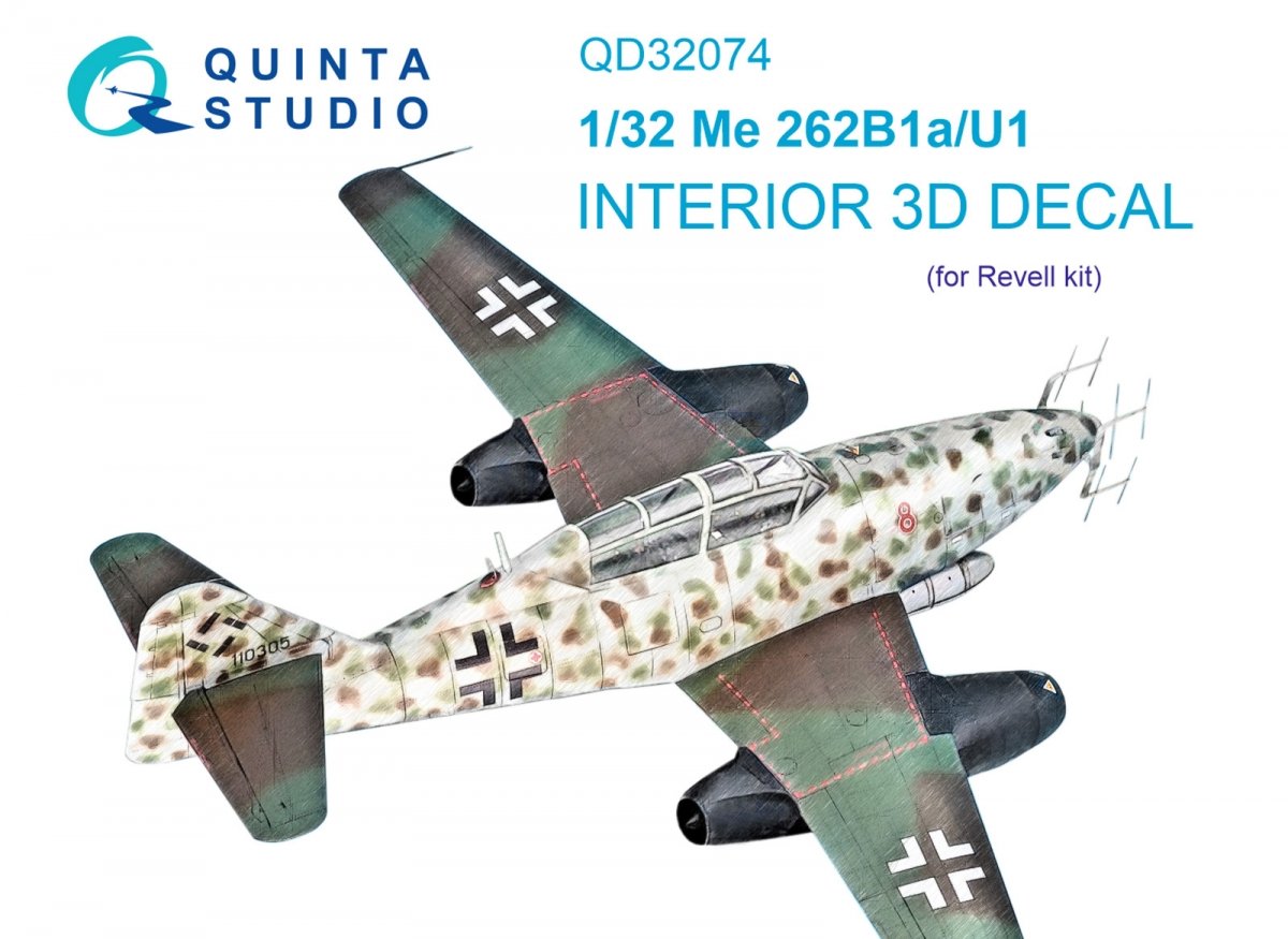 Quinta Studio QD32074 Me 262B1a/U-1 3D-Printed &amp;amp; coloured Interior on decal paper (Revell) 1/32