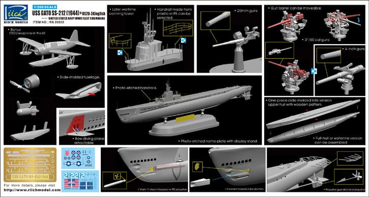 Maquettes Rich Models 20002 USS Gato SS-212 1944 + OS2U Kingfisher 1/200  – image 3