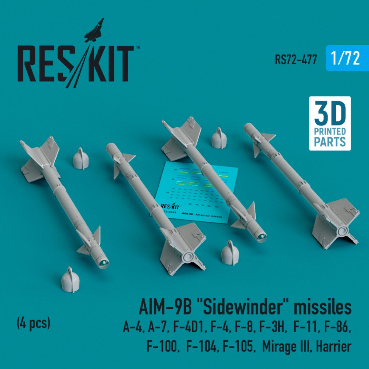 RESKIT RS72-0477 AIM-9B "Sidewinder" missiles (4 pcs) (3D Printed) 1/72