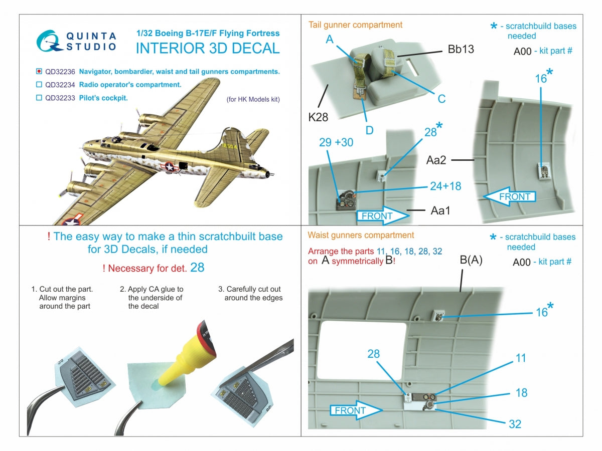 Quinta Studio QD32236 Boeing B-17E/F Navigator, bombardier, waist and tail gunners compartments. 3D-Printed coloured Interior (HK models) 1/32 – Bild 10