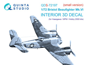 Intérieur imprimé en 3D et coloré sur papier décalcomanie Quinta Studio QDS-72197 Bristol Beaufighter Mk.VI (Hasegawa/MPM/Hobby2000) (petite version) 1/72