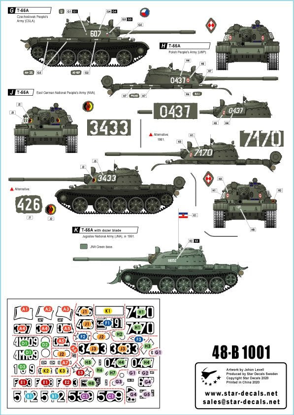 Star Decals 48-B1001 T-55A Tanks 1. Cold War. Soviet (Army and Naval Infantry), Poland, Hungary, Czechoslovakia, Germany (DDR), Romania and Jugoslavia 1/48 – immagine 2