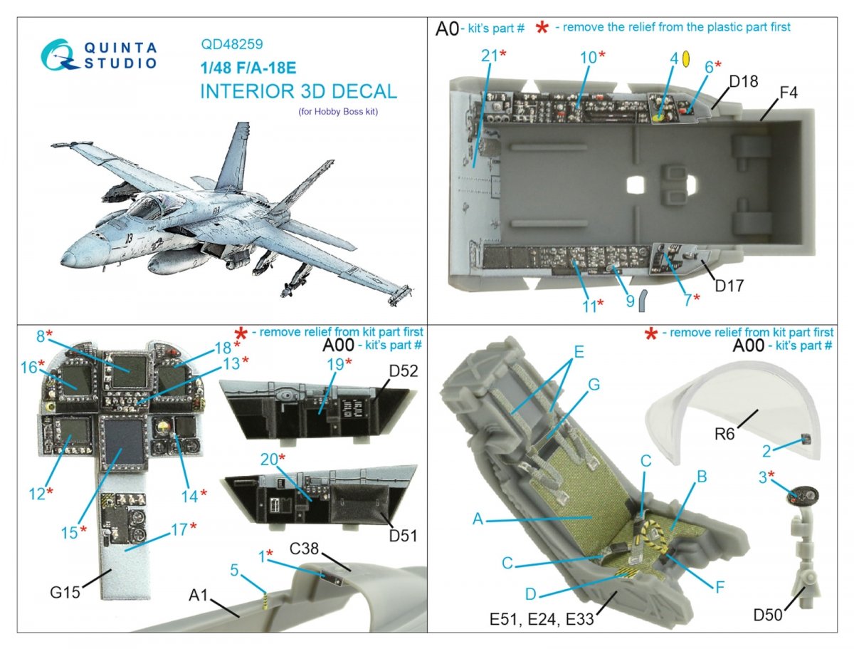 Quinta Studio QD48259 F/A-18E 3D-Printed &amp;amp; coloured Interior on decal paper (HobbyBoss) 1/48 – Bild 2