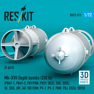 RESKIT RS72-0571 Mk-XVII Depth bombs (350 lb) (4 pcs) (PB4Y-1, PB4Y-2, PBY/PBN, PB2Y, SB2C, SOC, SO3C, SC, SBD, JRF, J4F, TBF/TBM, PV-1, PV-2, PBM, PBJ, OS2U, SB2U) (3D Printed) 1/72