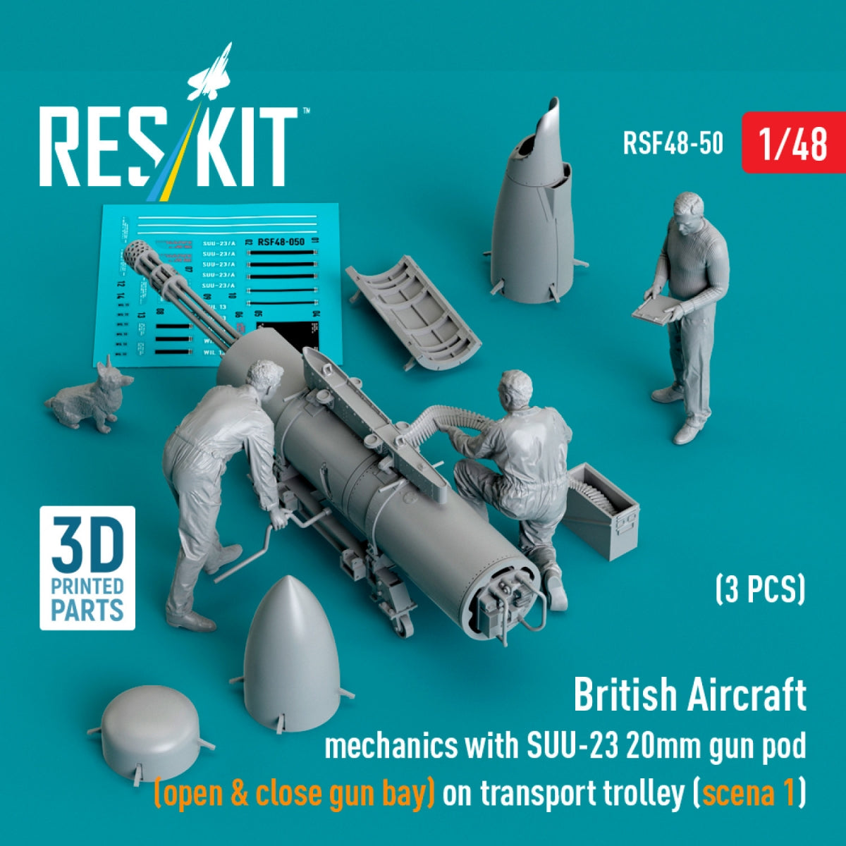 RESKIT RSF48-0050 British Aircraft mechanics with SUU-23 20mm gun pod (open &amp; close gun bay) on on transport trolley (scene 1) (3 pcs) (3D Printed) 1/48