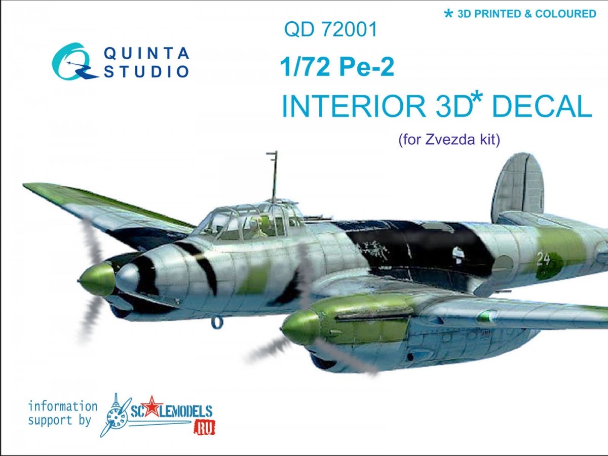 Intérieur imprimé en 3D et coloré sur papier décalcomanie Quinta Studio QD72001 Pe-2 (pour la maquette Zvezda 7283) au 1/72