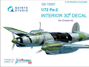 Intérieur imprimé en 3D et coloré sur papier décalcomanie Quinta Studio QD72001 Pe-2 (pour la maquette Zvezda 7283) au 1/72