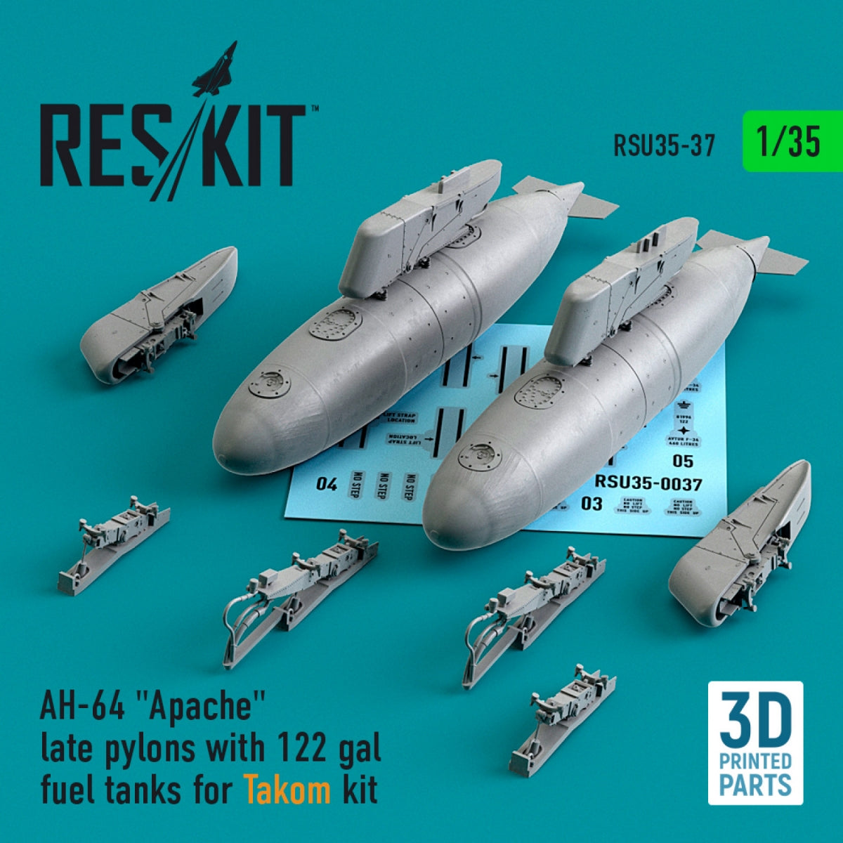 RESKIT RSU35-0037 AH-64 "APACHE" LATE PYLONS WITH 122 GAL FUEL TANKS FOR TAKOM KIT (3D PRINTED) 1/35