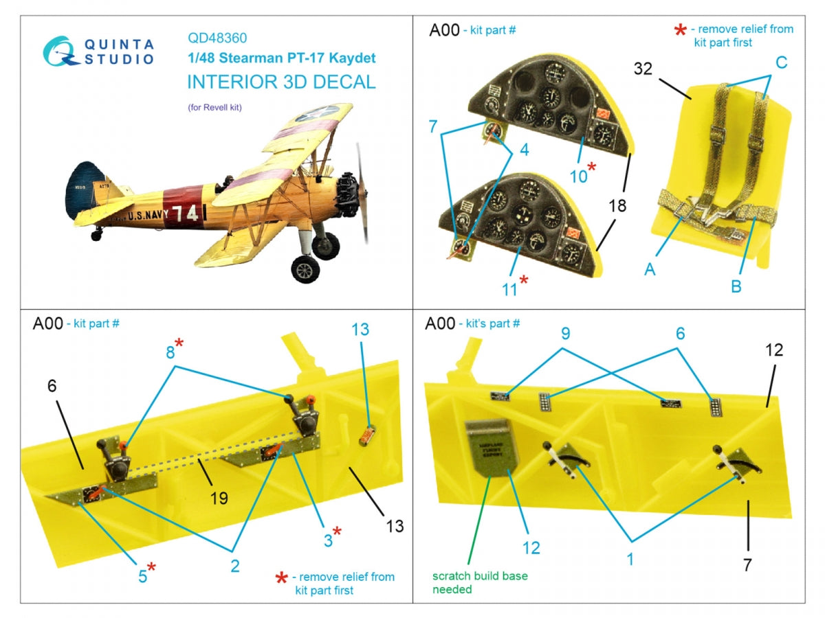 Quinta Studio QD48360 Stearman Pt-17 Kaydet 3D-Printed &amp;amp; coloured Interior on decal paper (Revell) 1/48 – imagen 2