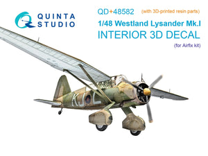 Quinta Studio QD+48582 Westland Lysander Mk.I 3D-Printed &amp;amp; coloured Interior on decal paper (Airfix) (with 3D-printed resin parts) 1/48