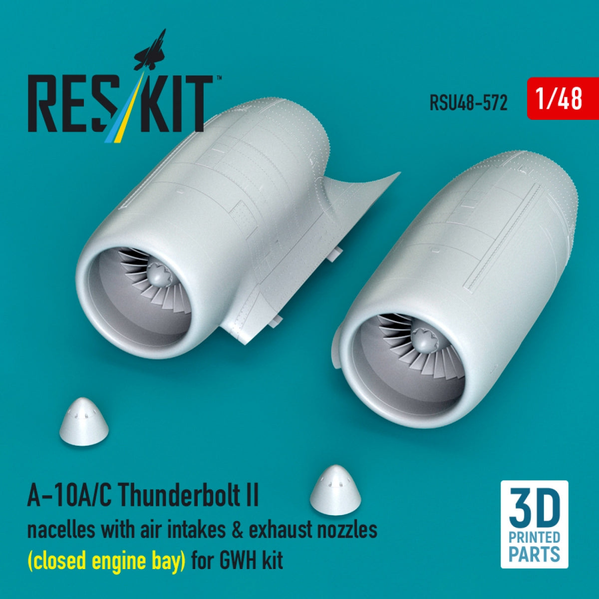 RESKIT RSU48-0572 A-10A/C Thunderbolt II nacelles with air intakes & exhaust nozzles (close engine bay) for GWH kit (3D Printed) 1/48
