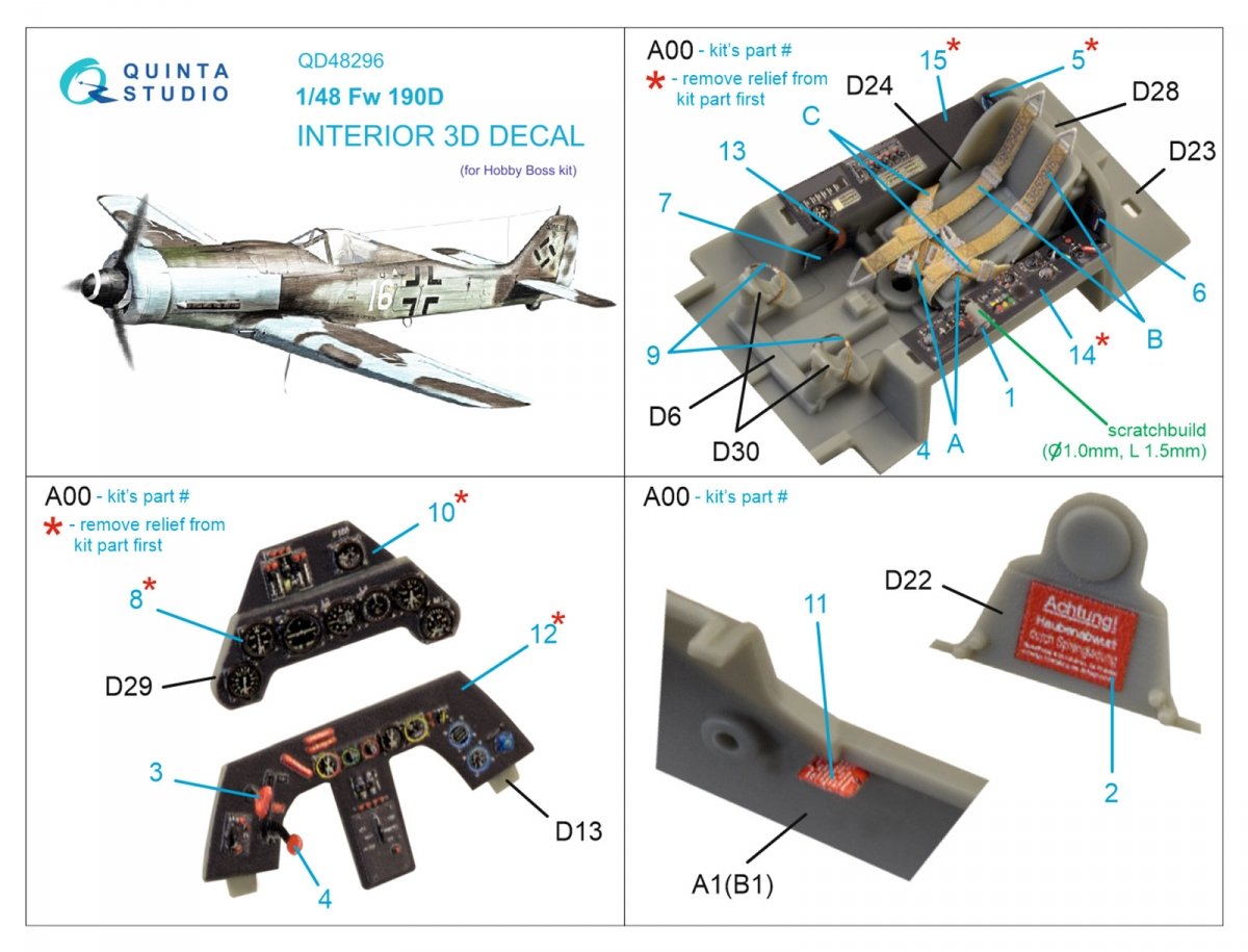 Quinta Studio QD48296 FW 190D-9 3D-Printed &amp;amp; coloured Interior on decal paper (HobbyBoss) 1/48 – imagen 2