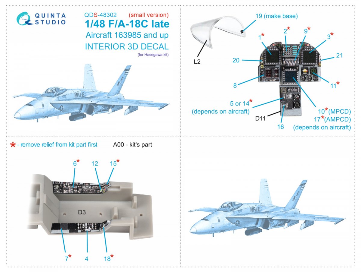 Quinta Studio QDS-48302 F/A-18C late 3D-Printed &amp;amp; coloured Interior on decal paper (Hasegawa) (Small version) 1/48 – immagine 2