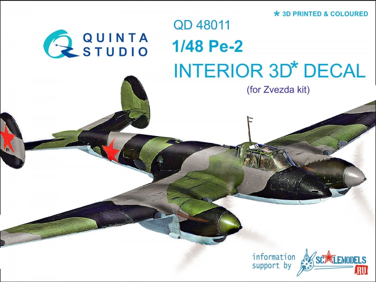 Intérieur imprimé en 3D et coloré sur papier décalcomanie Quinta Studio QD48011 Pe-2 (pour maquettes Zvezda) 1/48