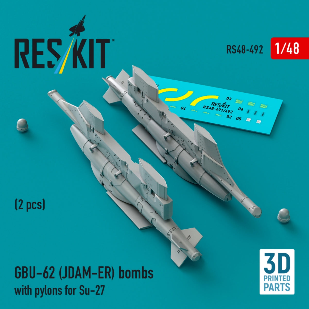 RESKIT RS48-0492 GBU-62 (JDAM-ER) bombs with pylons for Su-27 &amp;quot;Flanker&amp;quot; (2 pcs) (3D Printed) 1/48 – image 2
