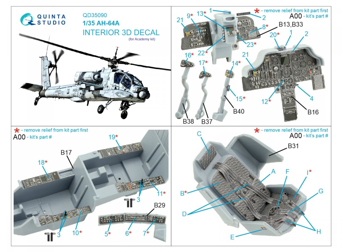 Quinta Studio QD35090 AH-64A 3D-Printed &amp;amp; colored Interior on decal paper (Academy) 1/35 – image 2