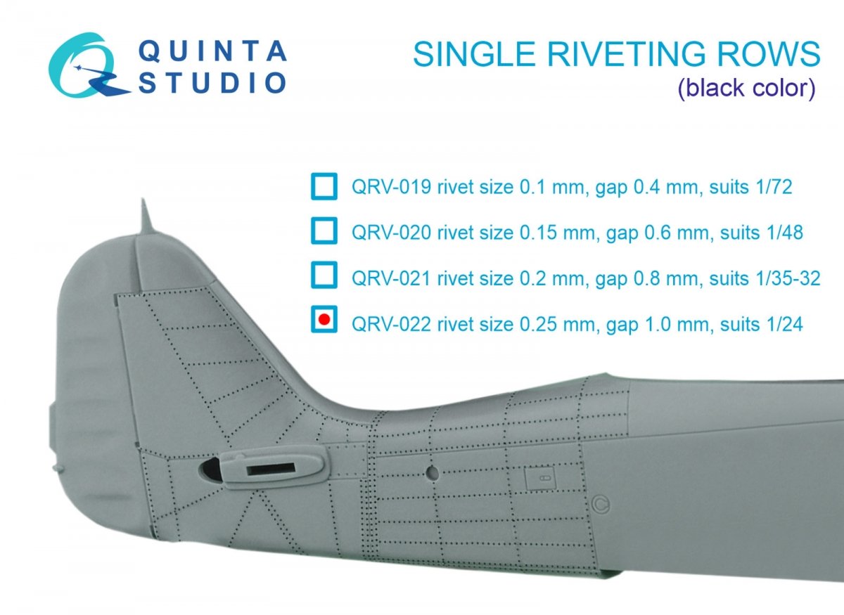Quinta Studio QRV-022 Single riveting rows (rivet size 0.25 mm, gap 1.0 mm, suits 1/24 scale), Black color, total length 5.8 m/19 ft