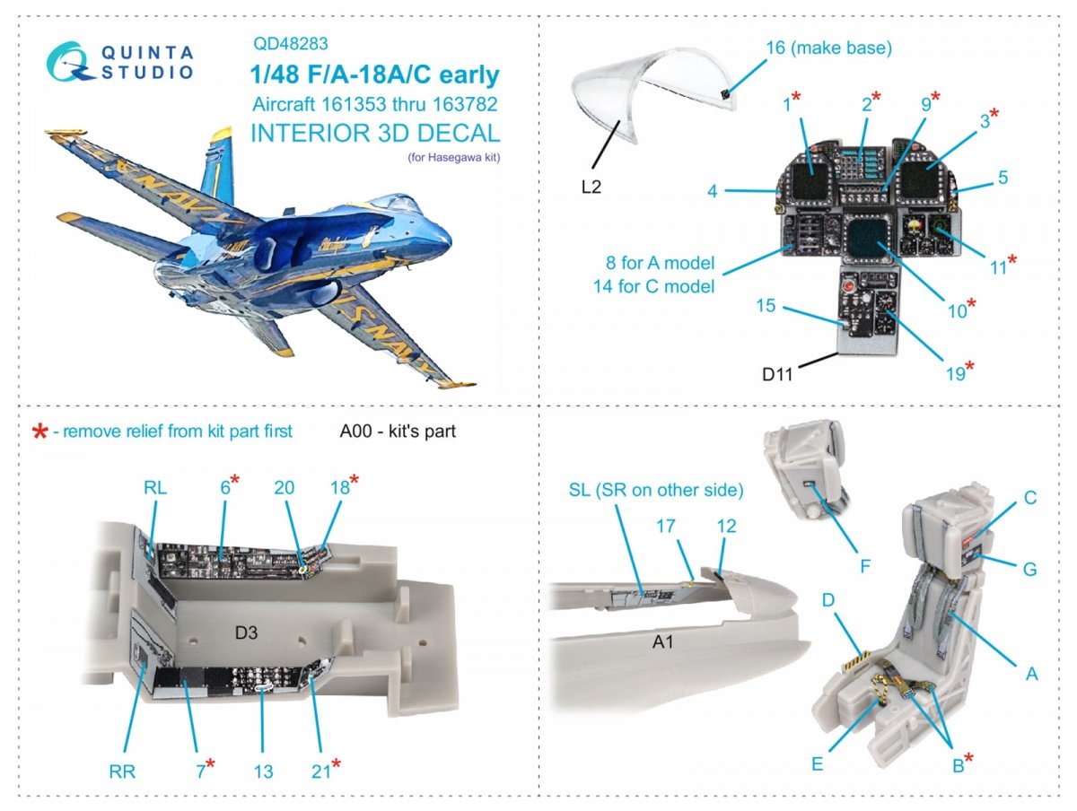 Quinta Studio QD48283 F/A-18A / C early 3D-Printed &amp;amp; colored Interior on decal paper (Hasegawa) 1/48 – image 2