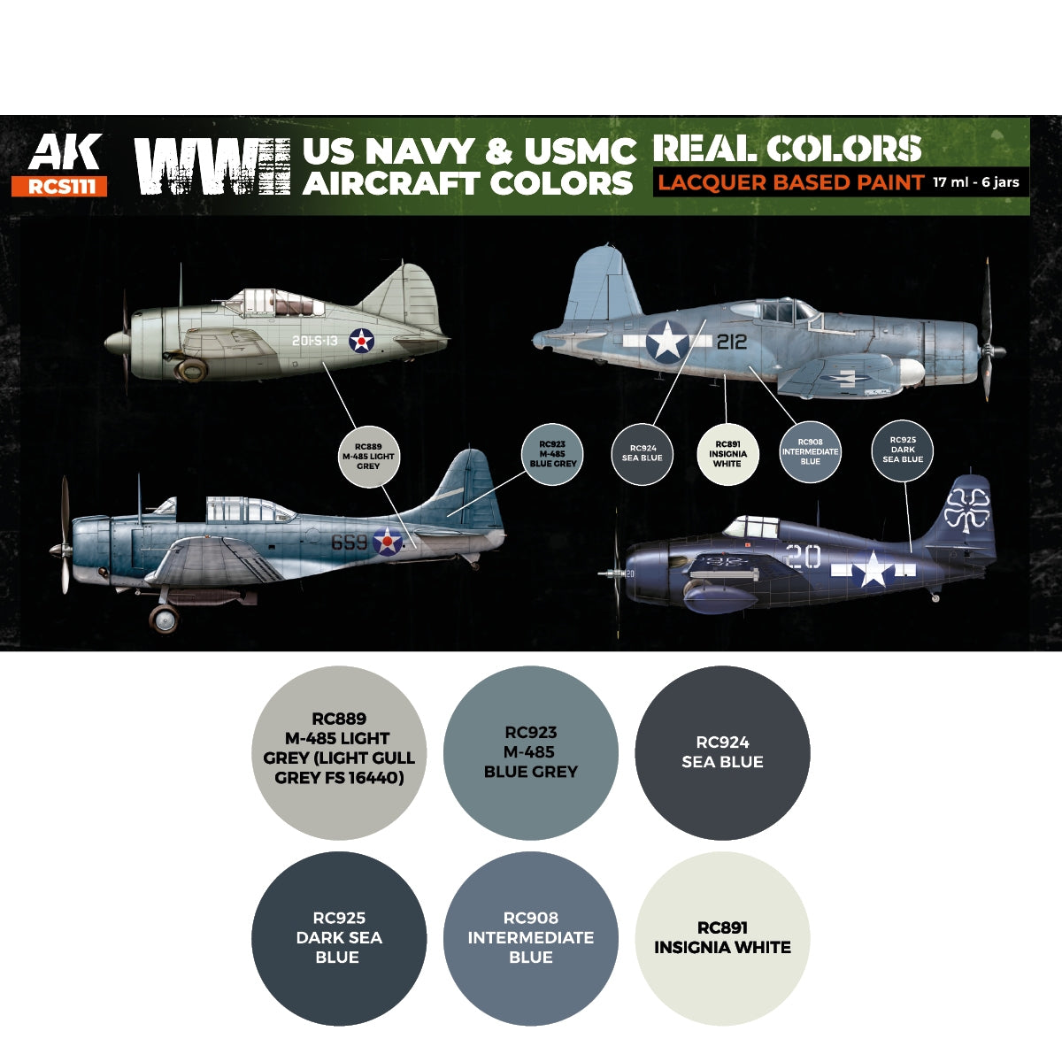 AK Interactive RCS111 Couleurs des avions de l&amp;#39;US Navy et de l&amp;#39;USMC pendant la Seconde Guerre mondiale 6 x 17 ml – image 2
