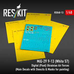 RESKIT RSB48-0013 MiG-29 9-13 (White 57) Digital (Pixel) Ukrainian Air Forces (Main Decals with Stencils &amp; Masks for painting 4 pcs) 1/48