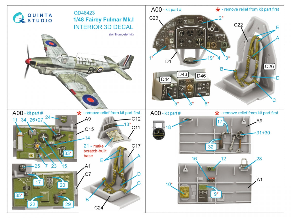 Quinta Studio QD48423 Fairey Fulmar Mk.I 3D-Printed &amp;amp; coloured Interior on decal paper (Trumpeter) 1/48 – immagine 2