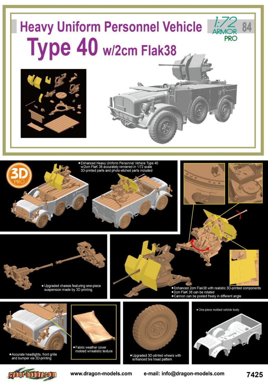Dragon 7425 Heavy Uniformed Personnel Vehicle Typ 40 w/ mounted 2cm Flak 38 1/72
