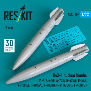 RESKIT RS72-0589 B43-1 nuclear bombs (2 pcs) (A-4, A-6A/E, A-7C/E, B-47B/E, B-58A, F-100D/F, F-104A/C, F-105D/F, F-111A/E/D/F, F-4C/D/E ) (3D Printed) 1/72