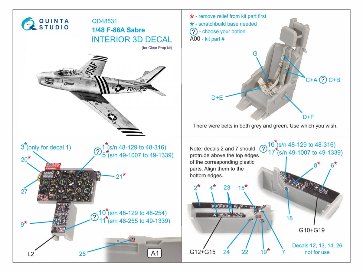 Quinta Studio QD48531 F-86A Sabre 3D-Printed &amp;amp; coloured Interior on decal paper (Clear Prop) 1/48 – zdjęcie 3