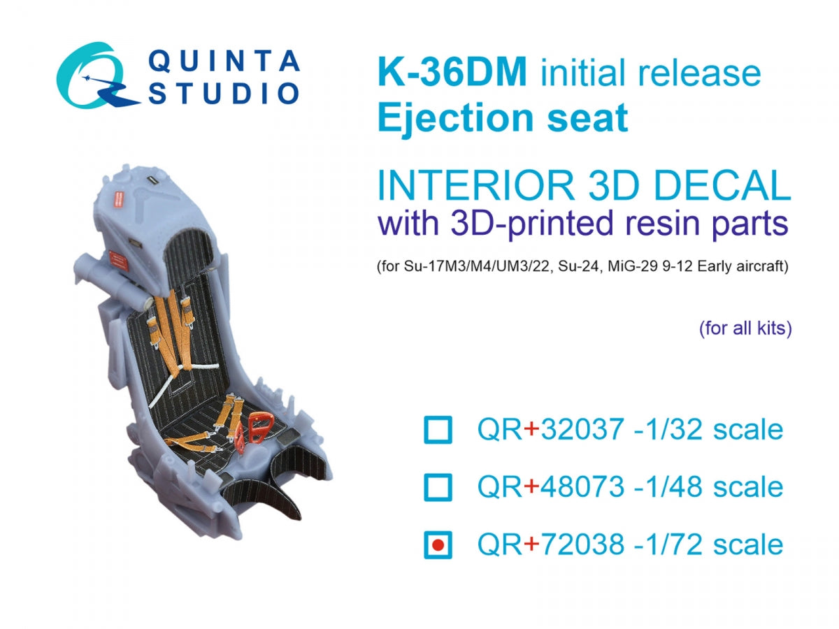 Quinta Studio QR+72038 K-36DM (initial release) ejection seat (for Su-17M3/M4/UM3/22, Su-24, MiG-29 9-12 Early aircraft) (All kits) 1/72