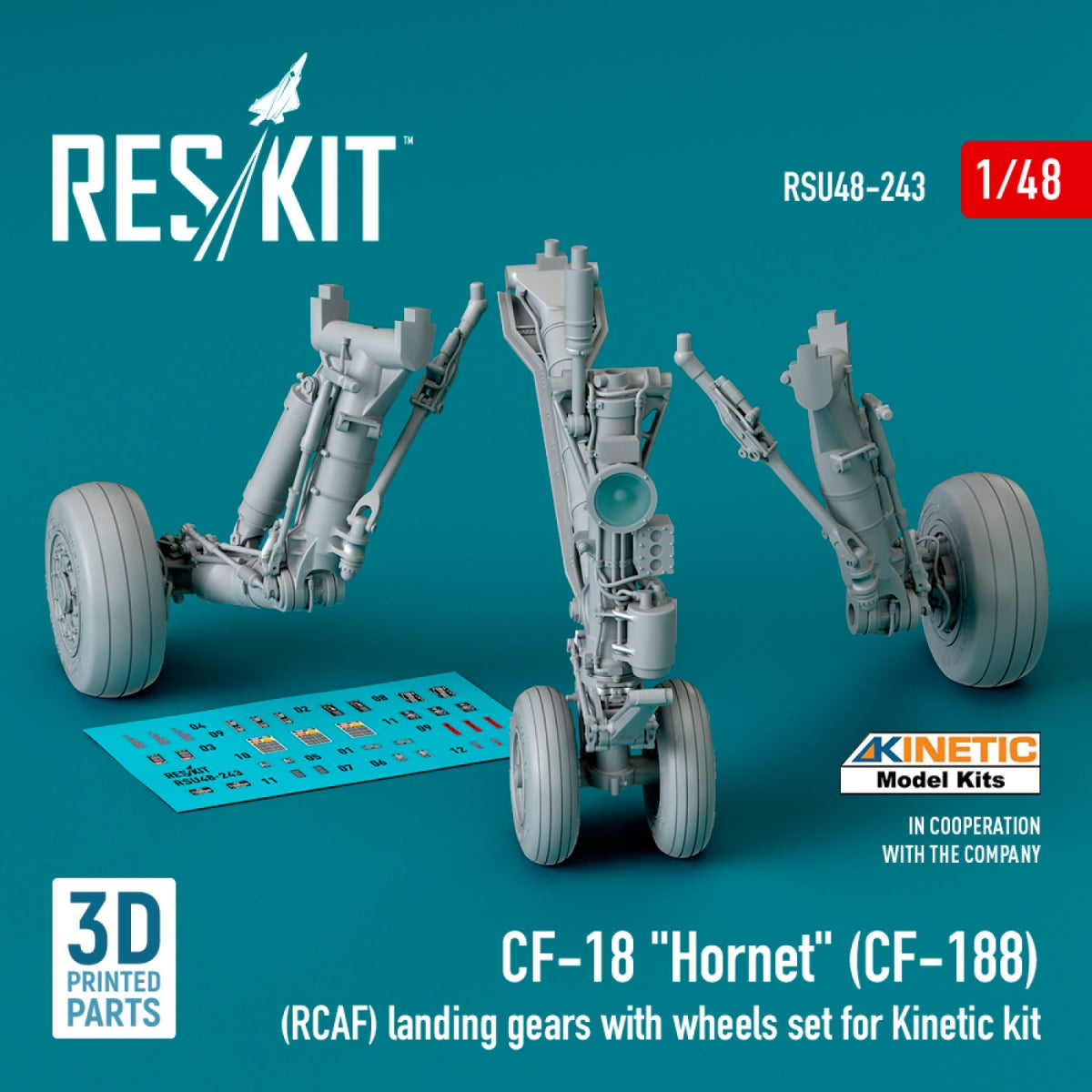RESKIT RSU48-0243 CF-18 &amp;quot;Hornet&amp;quot; (CF-188) (RCAF) landing gears with wheels set for Kinetic kit (3D Printed) 1/48 – immagine 2