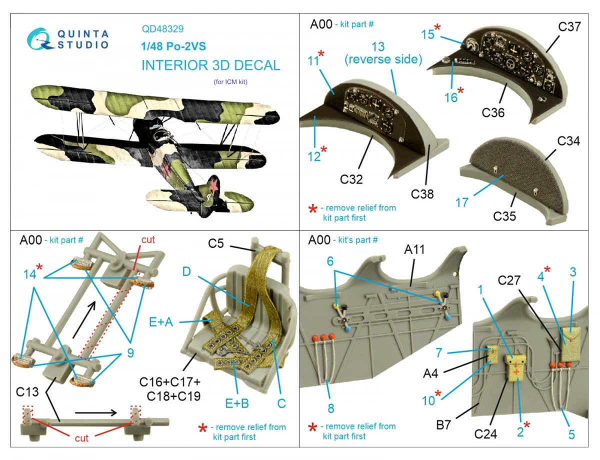 Intérieur imprimé en 3D et coloré sur papier décalcomanie Quinta Studio QD48329 Po-2VS (ICM) 1/48 – image 6