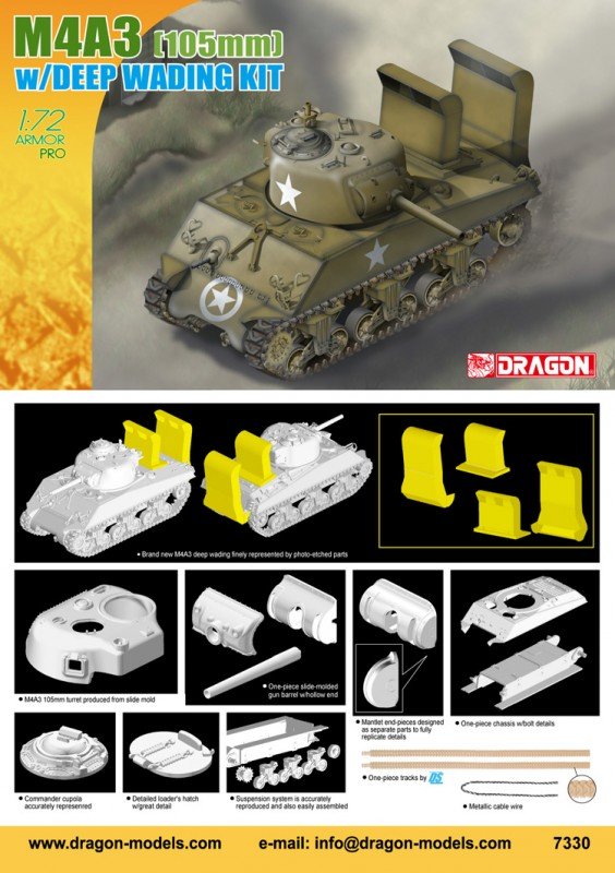 Dragon 7330 American M4A3 Sherman (105mm) with deep wading kit 1/72 – immagine 2