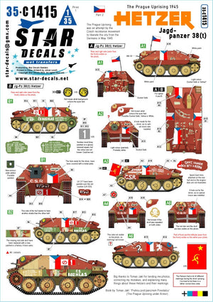 Star Decals 35-C1415 Hetzer - Jagdpanzer 38(t). L&amp;#39;Insurrection de Prague 1945 n° 2. L&amp;#39;Insurrection de Prague fut une tentative de la résistance tchèque pour libérer la ville des Allemands en mai 1945. Échelle 1/35.