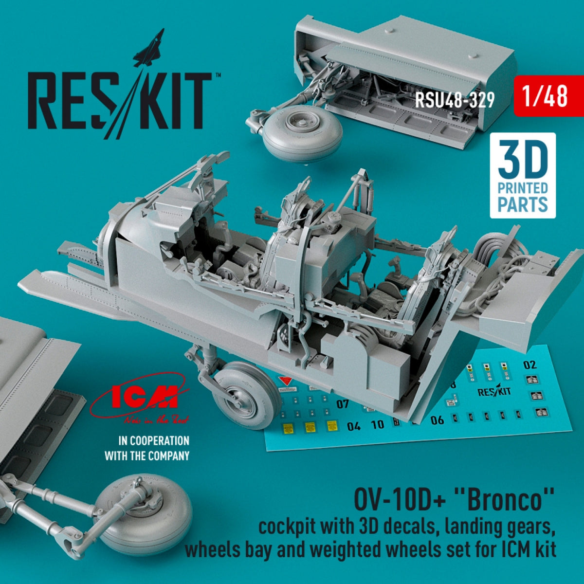 RESKIT RSU48-0329 OV-10D+ &amp;quot;BRONCO&amp;quot; COCKPIT WITH 3D DECALS, LANDING GEARS, WHEELS BAY AND WEIGHTED WHEELS SET FOR ICM KIT (3D PRINTED) 1/48 – image 2
