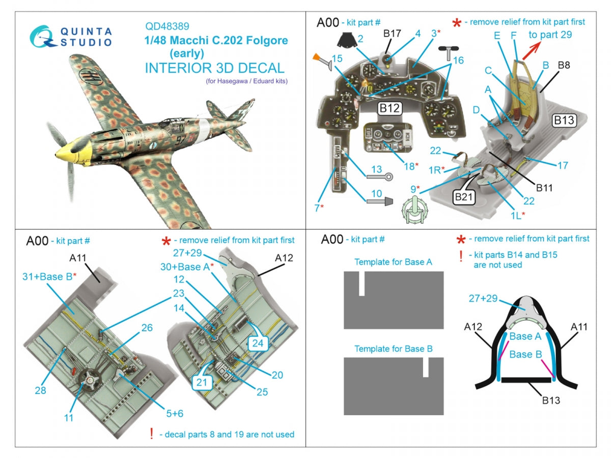 Quinta Studio QD48389 Macchi C.202 Folgore Early 3D-Printed &amp;amp; coloured Interior on decal paper (Hasegawa/Eduard) 1/48 – immagine 2
