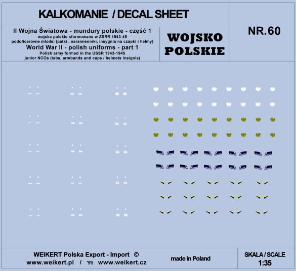 Weikert Decals DEC260 Mundury polskie - patki, naramienniki, insygnia na czapki i hełmy - cześć 1 - vol.60 1/35