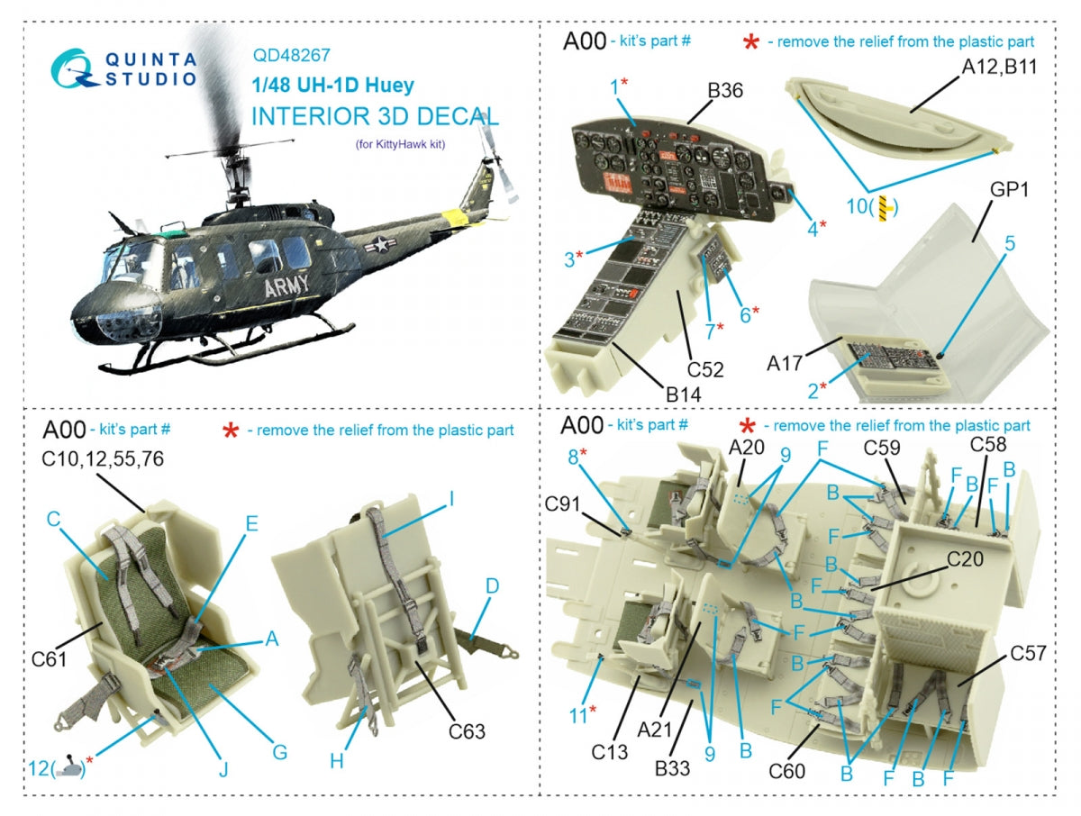 Quinta Studio QD48267 UH-1D 3D-Printed coloured Interior on decal paper (KittyHawk) 1/48 – imagen 2