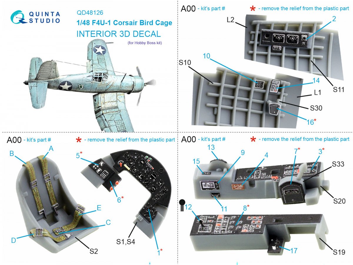 Quinta Studio QD48126 F4U-1 Corsair (Birdcage) 3D-Printed &amp;amp; coloured Interior on decal paper (Hobby Boss) 1/48 – Bild 8