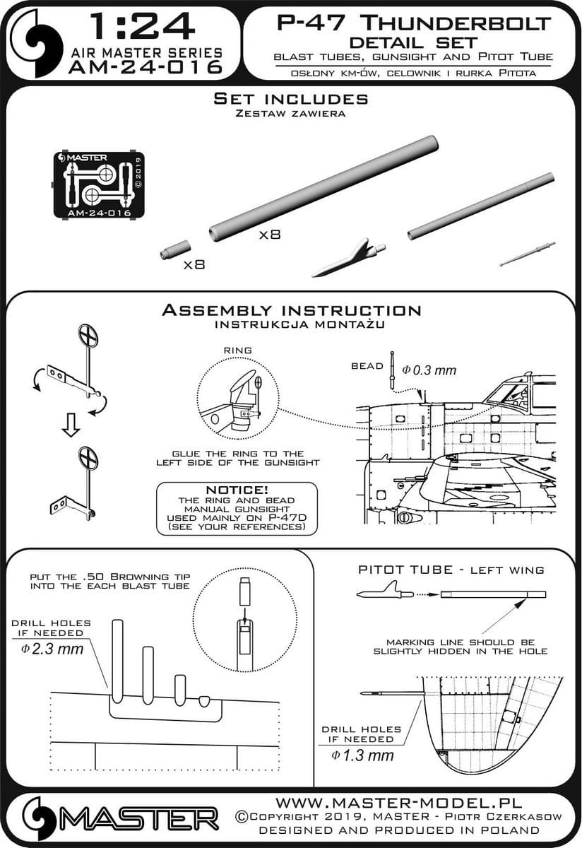Master AM-24-016 P-47 Thunderbolt - zestaw detali - uzbrojenie, rurka Pitota, celownik 1/24 – immagine 4