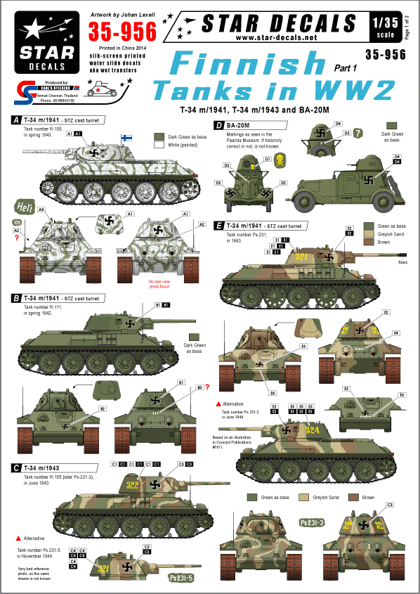 Star Decals 35-956 Chars finlandais de la Seconde Guerre mondiale n° 1 1/35