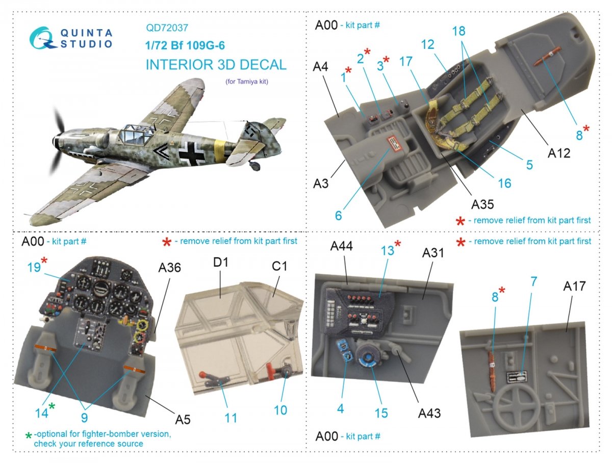 Quinta Studio QD72037 Bf 109 G-6 3D-Printed &amp;amp; coloured Interior on decal paper (Tamiya) 1/72 – Bild 2