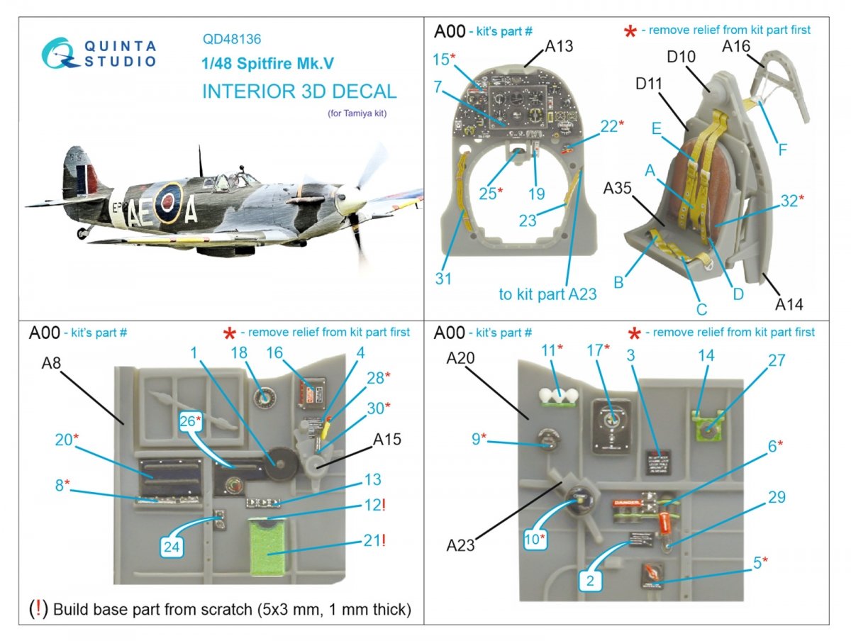 Quinta Studio QD48136 Spitfire Mk.V 3D-Printed &amp;amp; coloured Interior on decal paper (Tamiya) 1/48 – immagine 12