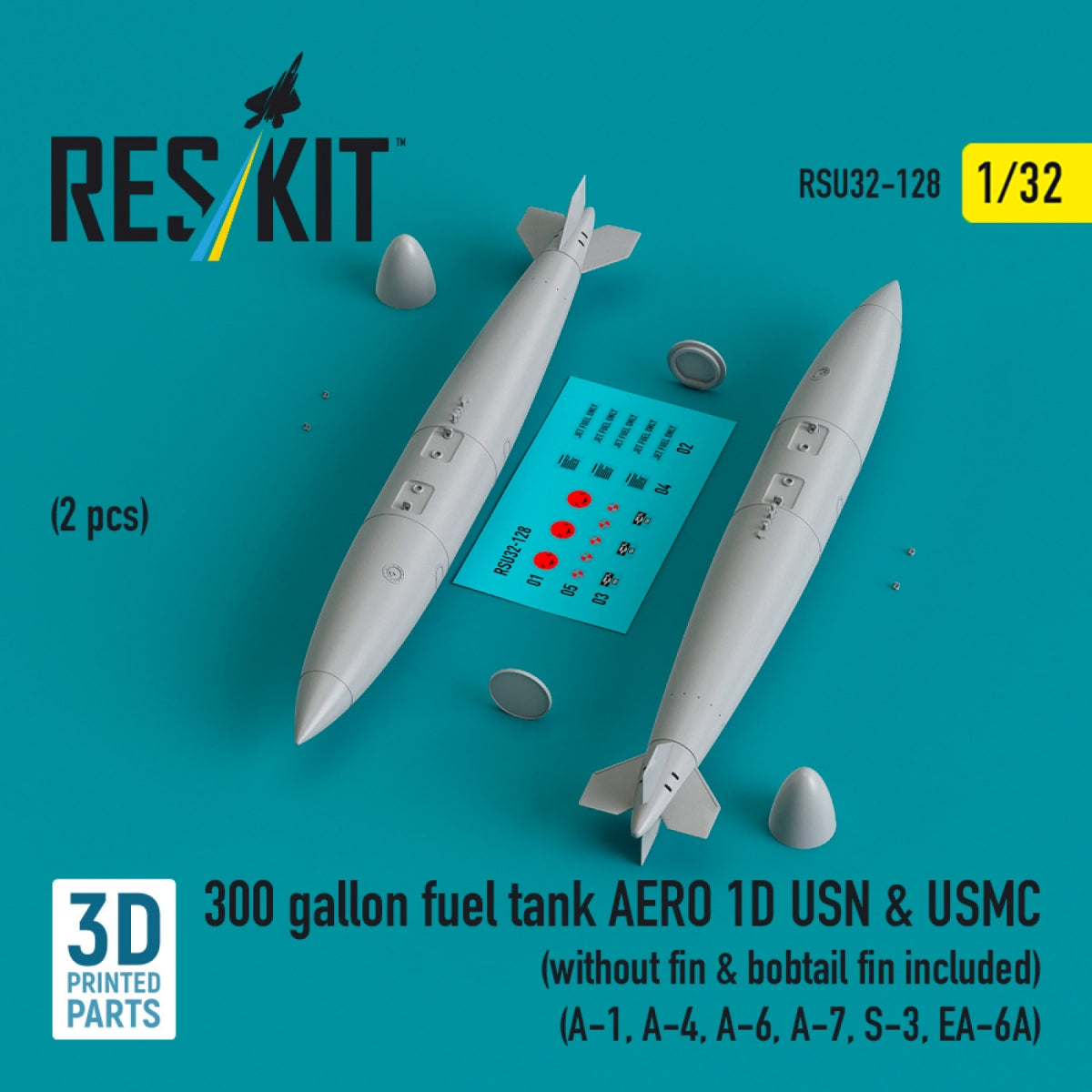 RESKIT RSU32-0128 300 gallon fuel tank AERO 1D USN & USMC (2 pcs) (without fin & bobtail fin included) (3D Printed) 1/32