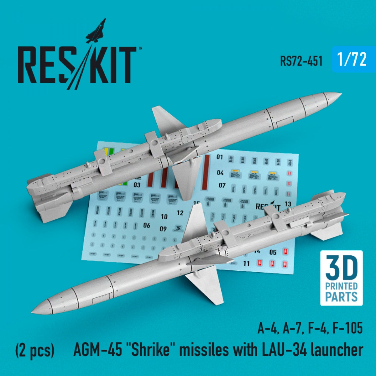 RESKIT RS72-0451 AGM-45 &amp;quot;SHRIKE&amp;quot; MISSILES WITH LAU-34 LAUNCHER (2 PCS) (3D PRINTED) 1/72