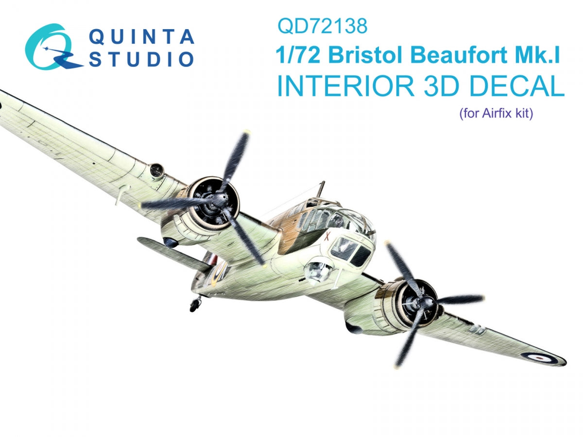 Quinta Studio QD72138 Bristol Beaufort Mk.I 3D-Printed colored Interior on decal paper (Airfix) 1/72